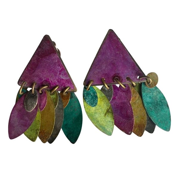 Artisan Triangle Clip On Dangle Earrings Purple Green Metal Boho Artsy Colorful - Picture 1 of 5